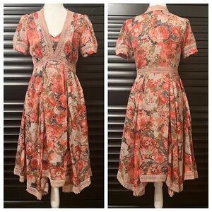 Anthro Ranna Gil Floral Sheer Dress Lace Trim Zipper Pockets Soft Pink Multi 4